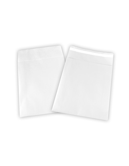 ▷ White e-commerce envelopes with adhesive flap and gusset