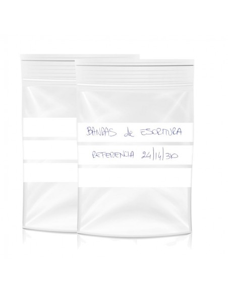 Sacos polietileno com fecho reutilizável e faixas para escrever