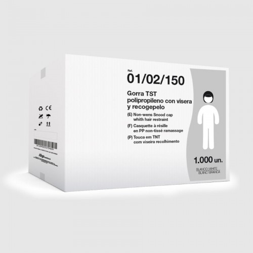 Embalaje exterior de Gorra con recogepelo en TNT de polipropileno blanca