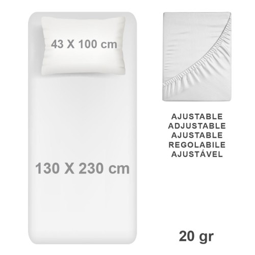 Kit de Cama en TNT de Polipropileno color blanco, ajustable 130 x 230 cm. Sábana bajera y funda de almohada de 43 x 100 cm