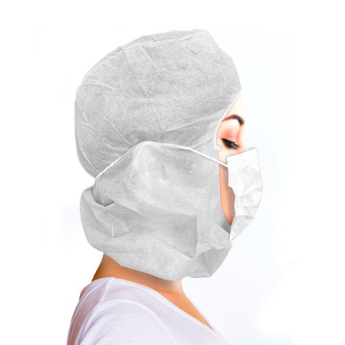 Gorro Integral con mascarilla IIR en TNT de Polipropileno. Foto lateral.