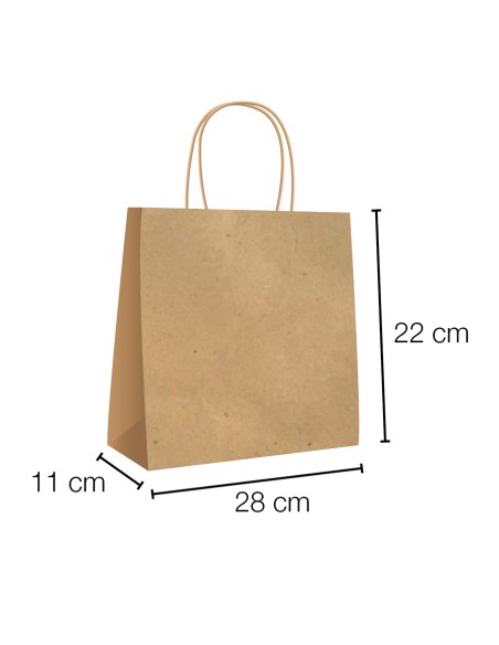 Bolsas papel kraft asa rizada con base ancha, 28x11x22 cm