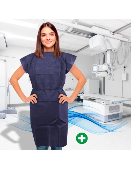 Polypropylene TNT sanitary gown for RX patients, sleeveless and with straps.
