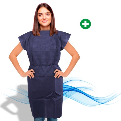 Polypropylene TNT sanitary gown for RX patients, sleeveless and with straps.