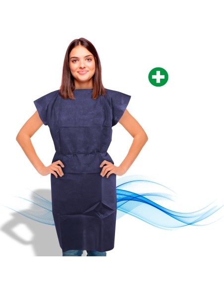 Polypropylene TNT sanitary gown for RX patients, sleeveless and with straps.