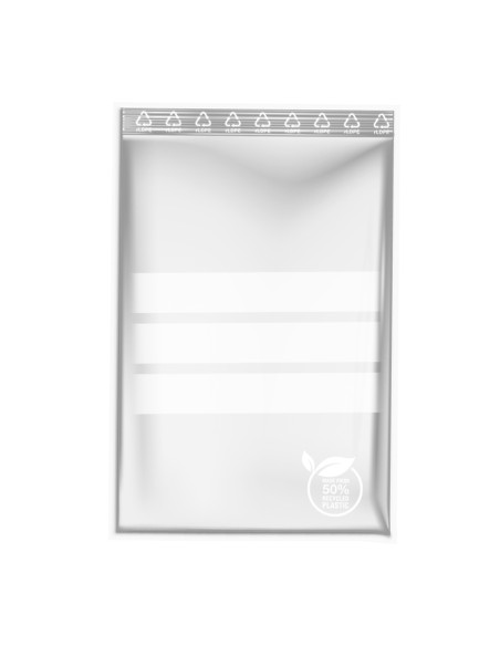 Sacos polietileno reciclados 50% com fecho reutilizável e faixas para escrever