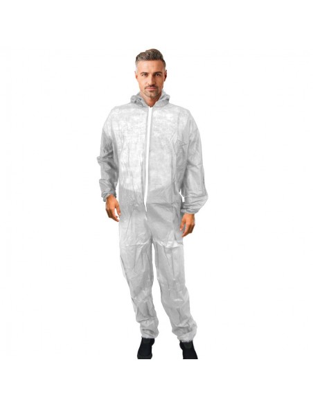 Fato integral com capuz em TNT de polipropileno fecho-ecler