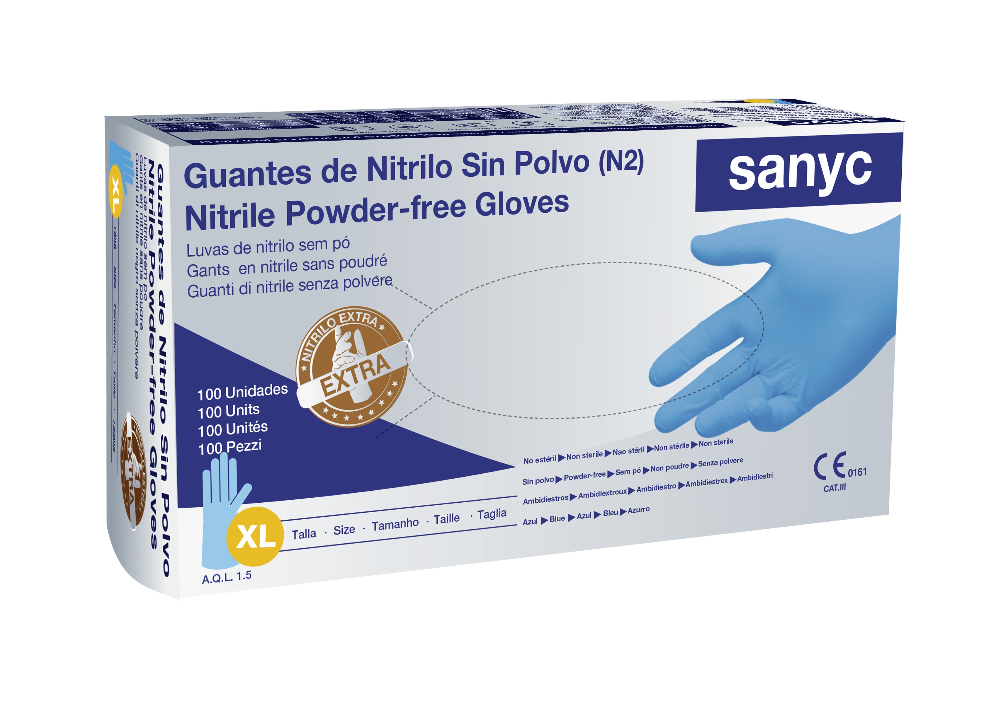 Guantes de Nitrilo Extra Fuertes, s/polvo, 7 gr, AQL 1.5