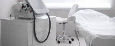 Sala de tratamiento médico con camilla blanca y dispositivo estético avanzado.