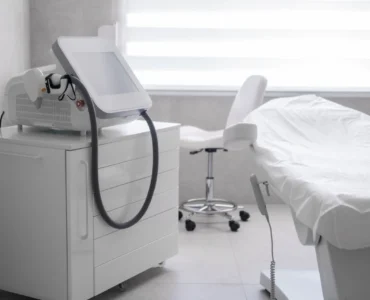 Sala de tratamiento médico con camilla blanca y dispositivo estético avanzado.
