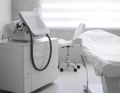 Sala de tratamiento médico con camilla blanca y dispositivo estético avanzado.